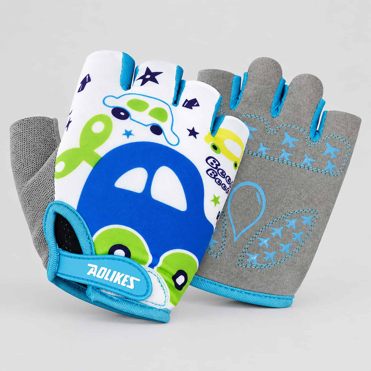 A pair of kids half finger cycling gloves, featuring a white and gray color scheme with blue accents. 