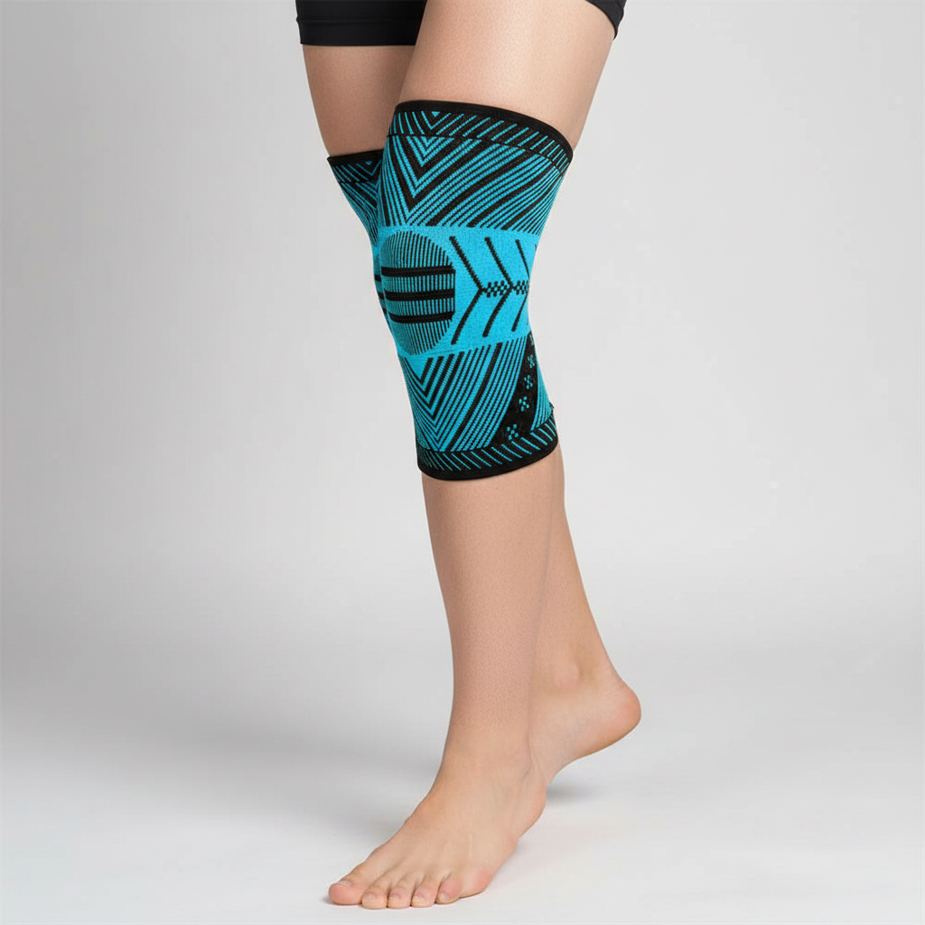 A close-up of a person's lower leg and foot wearing a knee wrap for weightlifting and squats in bright turquoise and black on a light gray studio background.