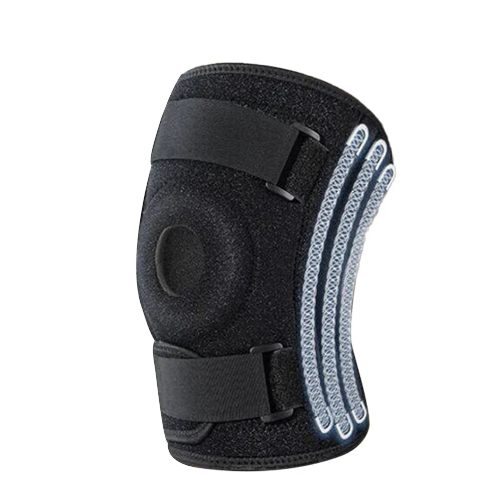 A black large orthopedic patella brace with adjustable straps and reflective silver stripes on the outer side, shown on a white background.