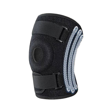 A black large orthopedic patella brace with adjustable straps and reflective silver stripes on the outer side, shown on a white background.