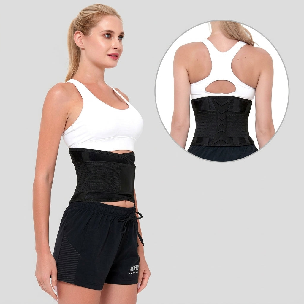 lower back brace with 6 internal support strips and X-shaped module