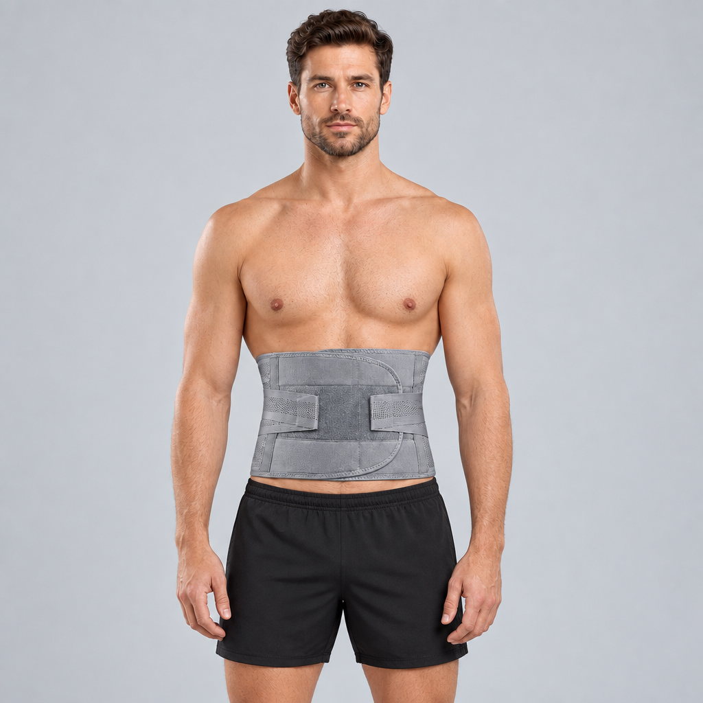 A shirtless male model wearing a lower back support belt, standing against a solid light gray studio background.