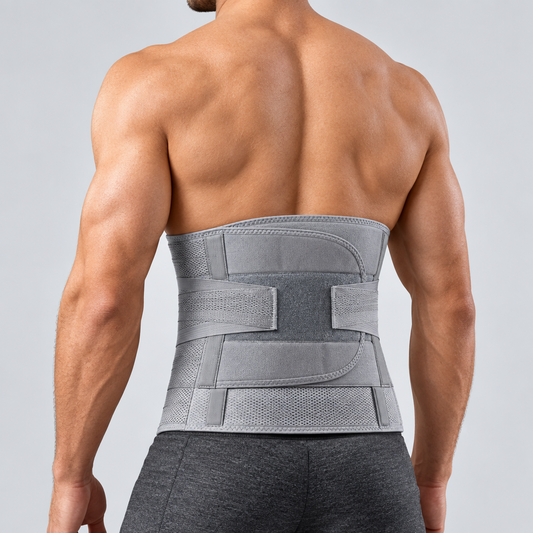 A man shown from the back wearing a lumbar support brace, against a light gray studio background.