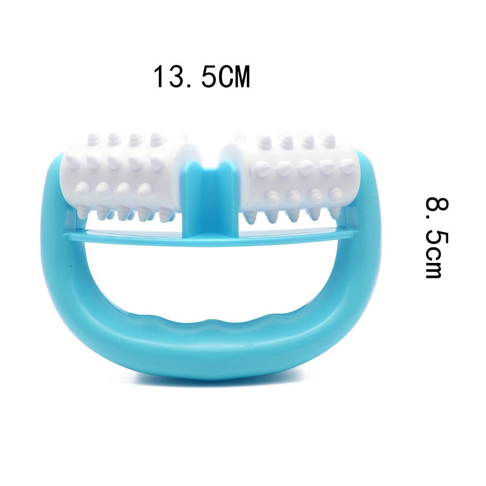 Detailed view of the sturdy grip lining and structural framework on a blue lymphatic drainage massager.