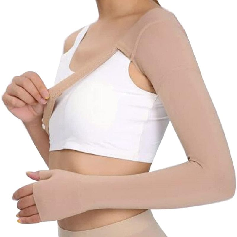 Side view of the medical-grade swelling wrap detailing its smooth, form-fitting elbow contour.