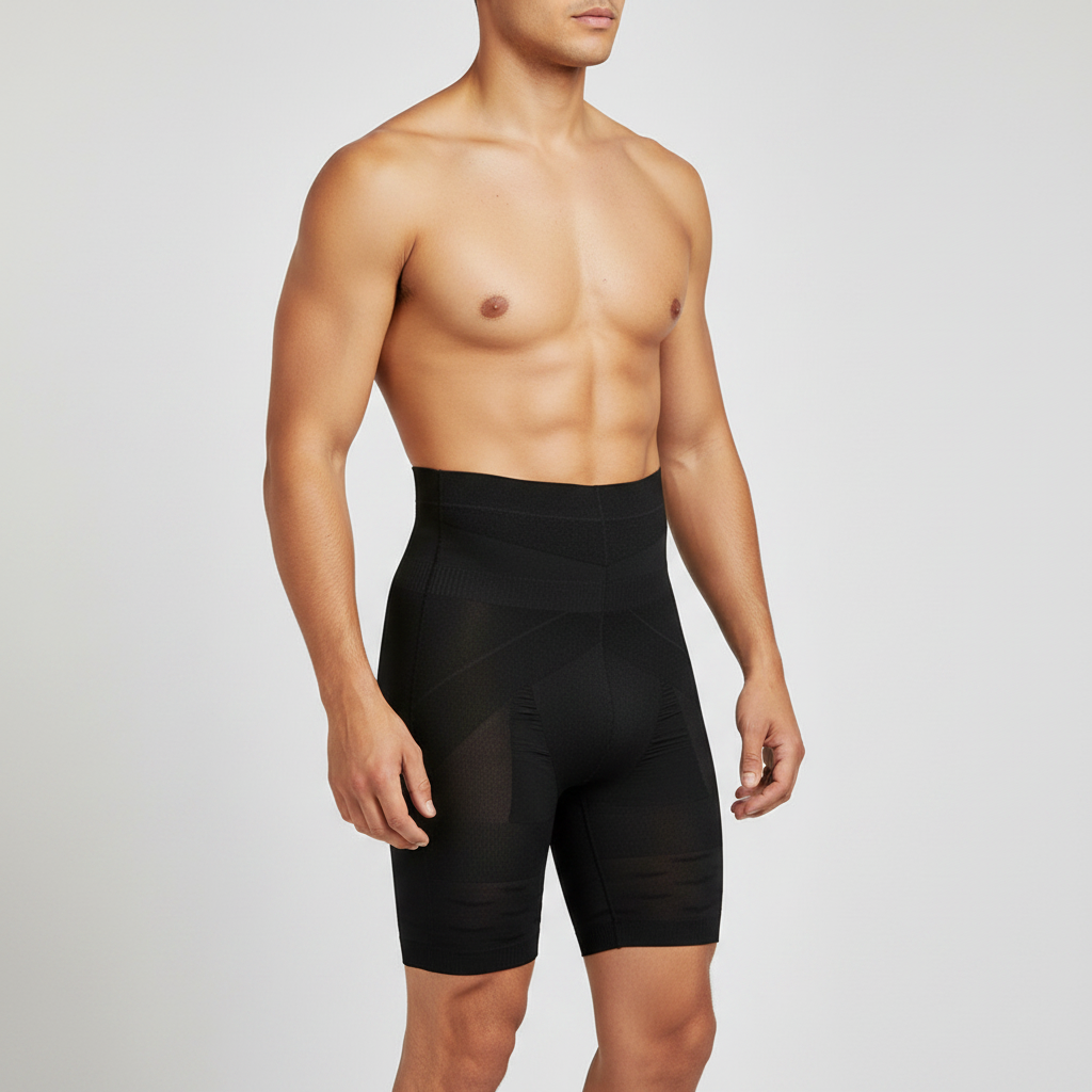 A shirtless male model wearing a men's body shaper shorts with lumbar back support against a plain light gray studio background.