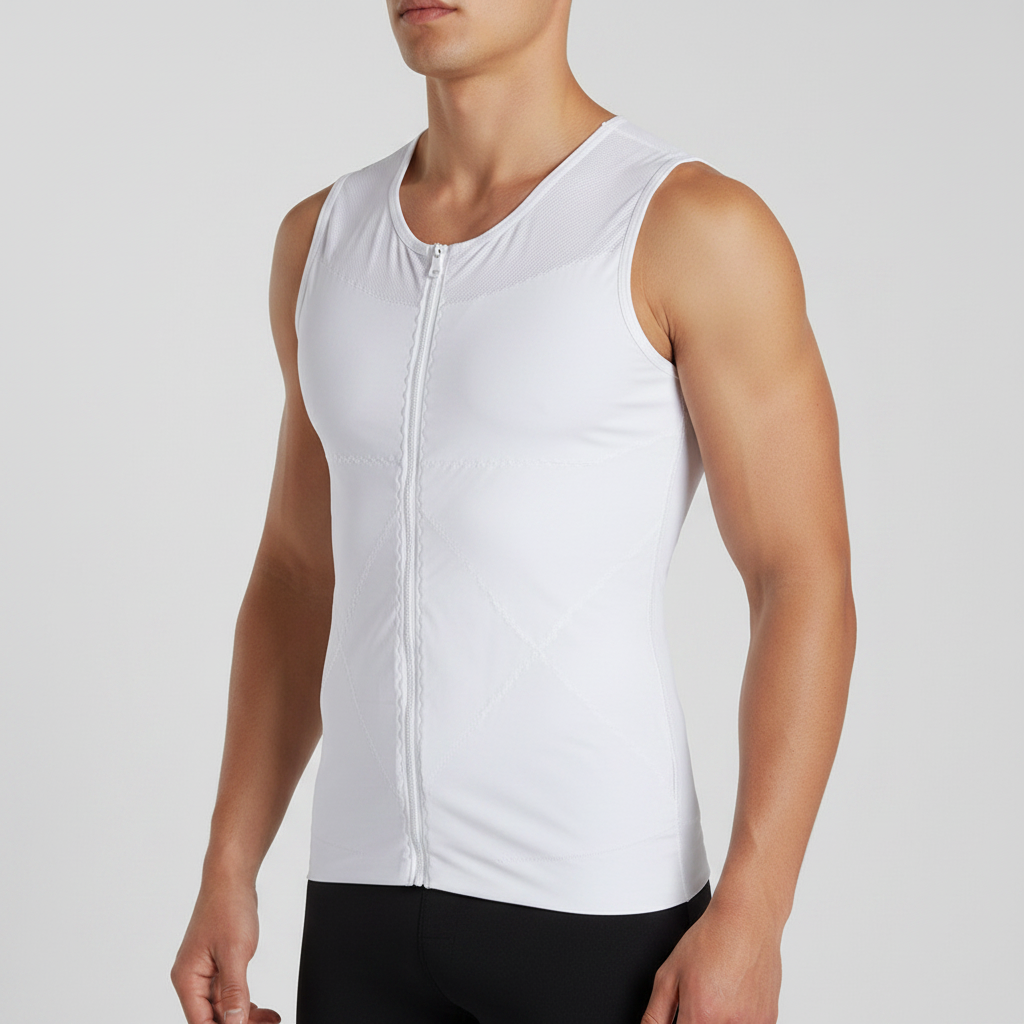 White men's chest and stomach slimming body shaper undershirt shown on a light gray background, with three circular detail insets on the right showing the zipper, hook-and-loop closure, and back mesh construction.