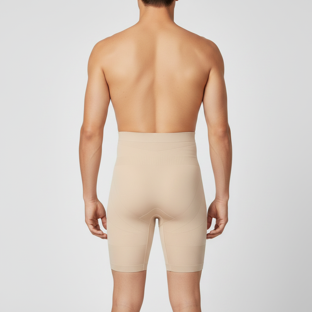 Rear view of a shirtless male model wearing men's compression shorts belly flattener waist slimmer against a light gray studio background.