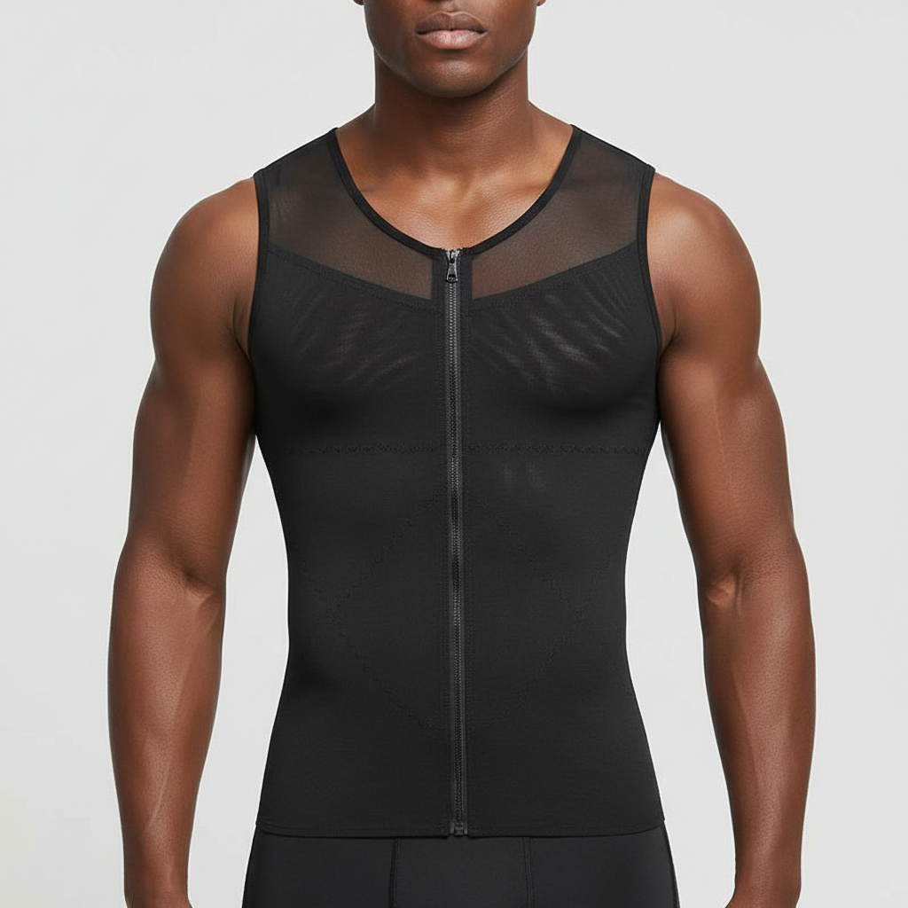A man wearing a men's gynecomastia compression shirt chest flattener with a front zipper and sheer mesh panels, shown from the mouth down against a light gray studio background.