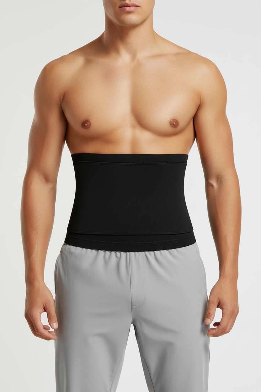 A model wearing a men's waist trimmer belt, paired with light gray leggings, against a plain light gray background.