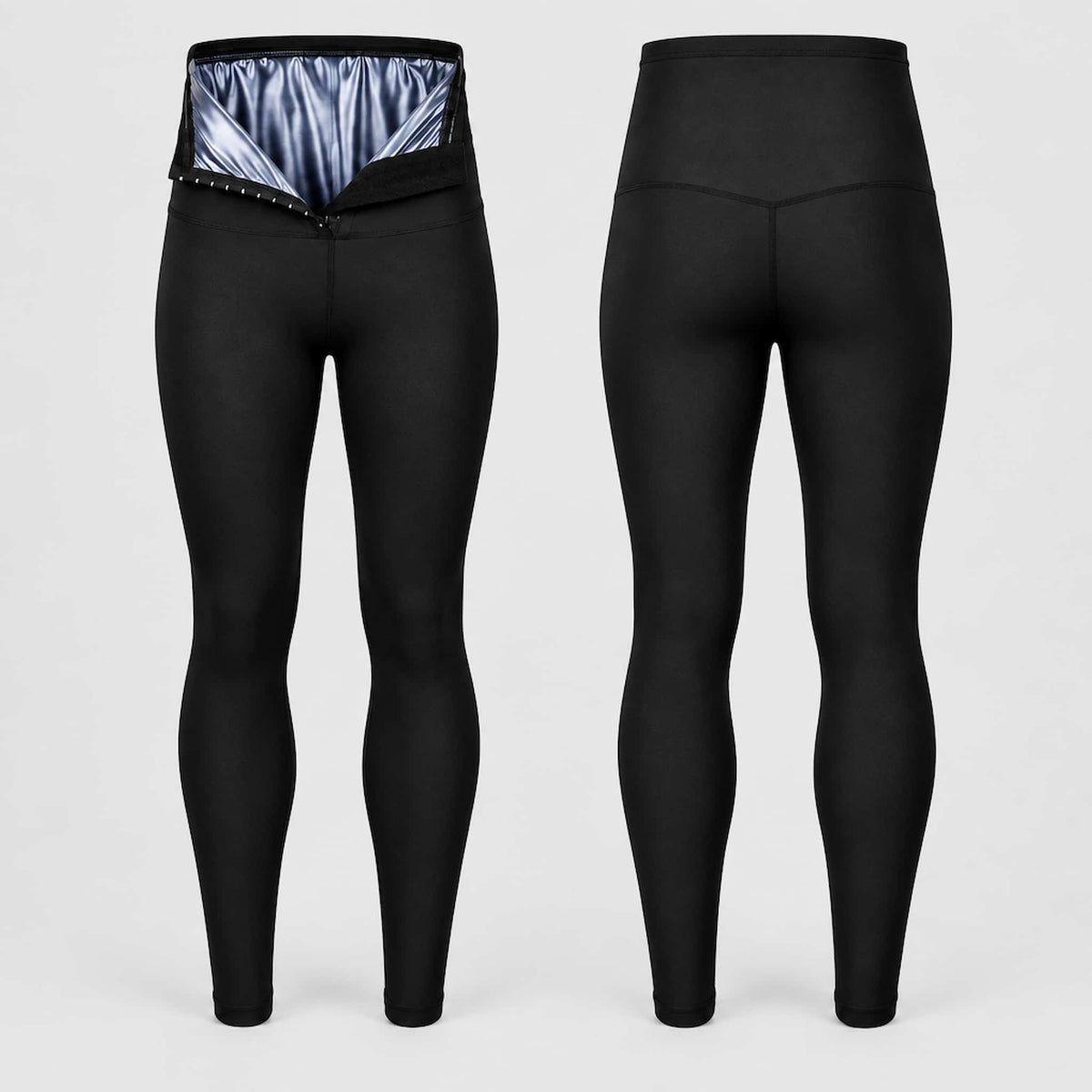 Men's workout sweat leggings shown from the front and back on a light gray background. 