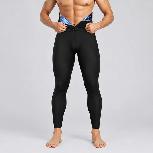 A man wearing a men sauna sweat pants against a light gray studio background.