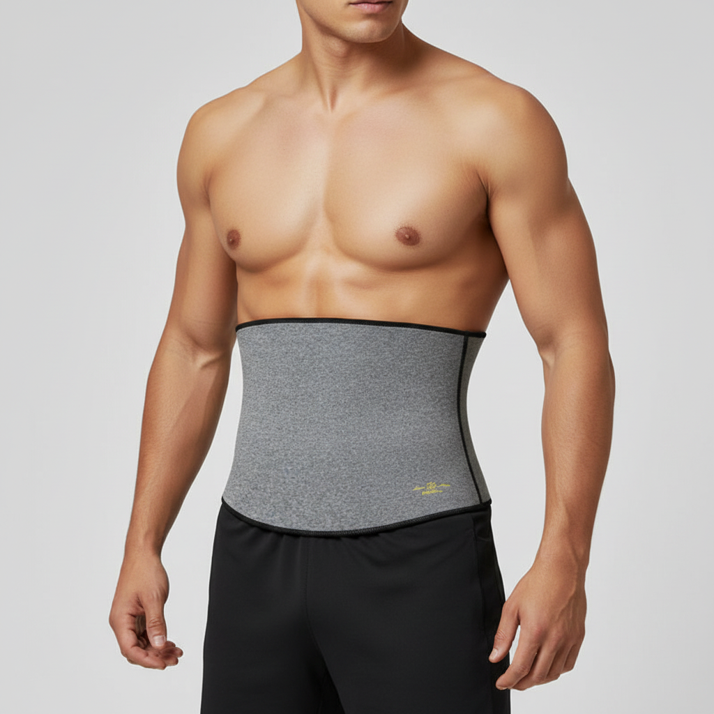 A shirtless male model wearing a gray waist trainer belt with black trim and a small gold logo, paired with black athletic shorts, against a light gray studio background.
