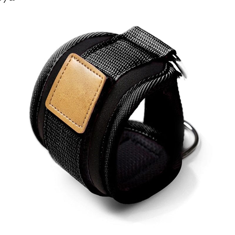 Close-up of the black premium neoprene padded ankle strap showcasing the dual steel D-rings.
