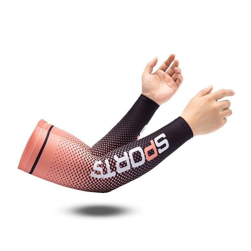 An athlete wearing a pink non-slip athletic arm guard while training on an indoor court.