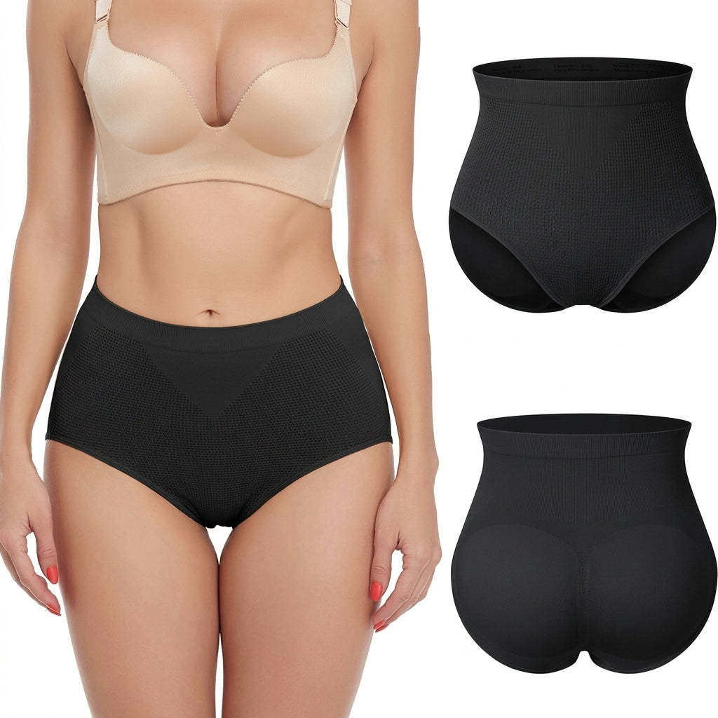 A model wears a padded butt panties, with two additional views of the same black underwear shown on the right against a white background.