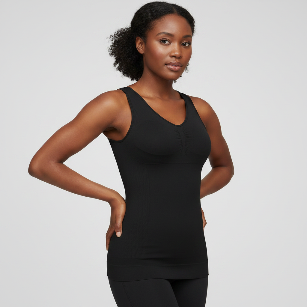 A woman modeling a padded shapewear camisole with built-in bra with a scoop neckline and subtle front ruching, paired with black leggings, against a light gray studio background.