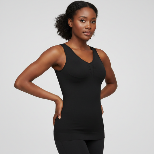 A woman modeling a padded shapewear camisole with built-in bra with a scoop neckline and subtle front ruching, paired with black leggings, against a light gray studio background.