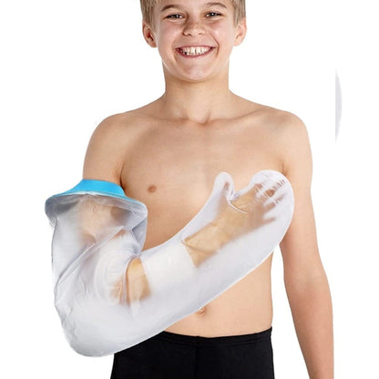 A boy using the pediatric shower sleeve for a broken arm to bathe safely.