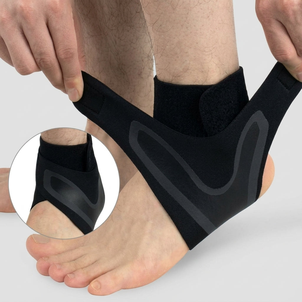 A plantar fasciitis ankle brace being worn and adjusted on a person's foot, with hands pulling the straps and a circular inset showing the back view of the brace.