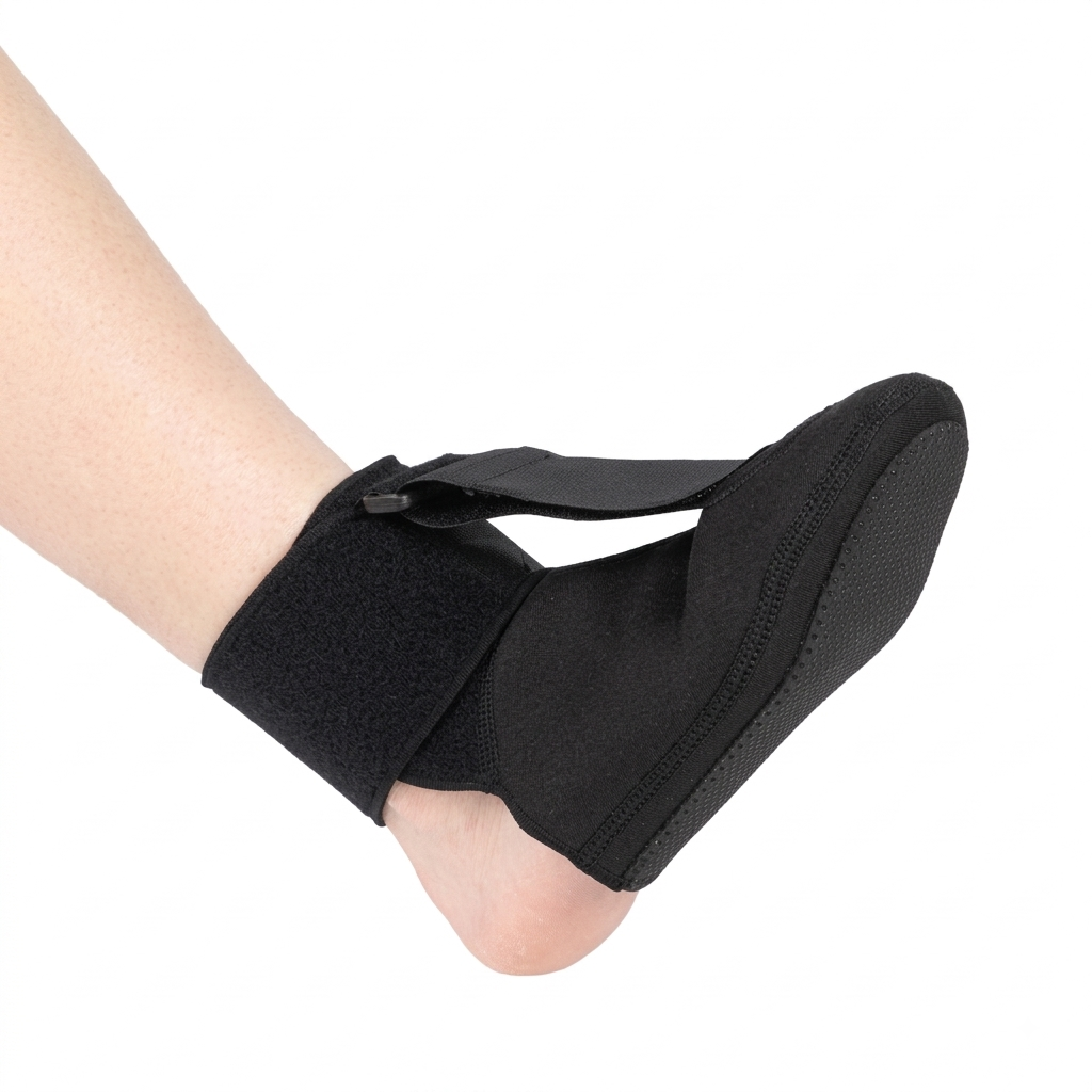 A plantar fasciitis night sock splint being worn on a person's foot on a light gray background.
