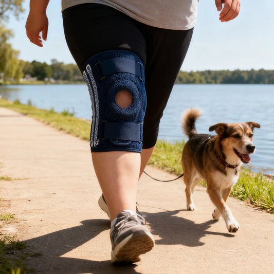 A person walking outdoors beside a lake with a dog on a leash, wearing a dark blue plus size knee brace for obesity on their right leg.