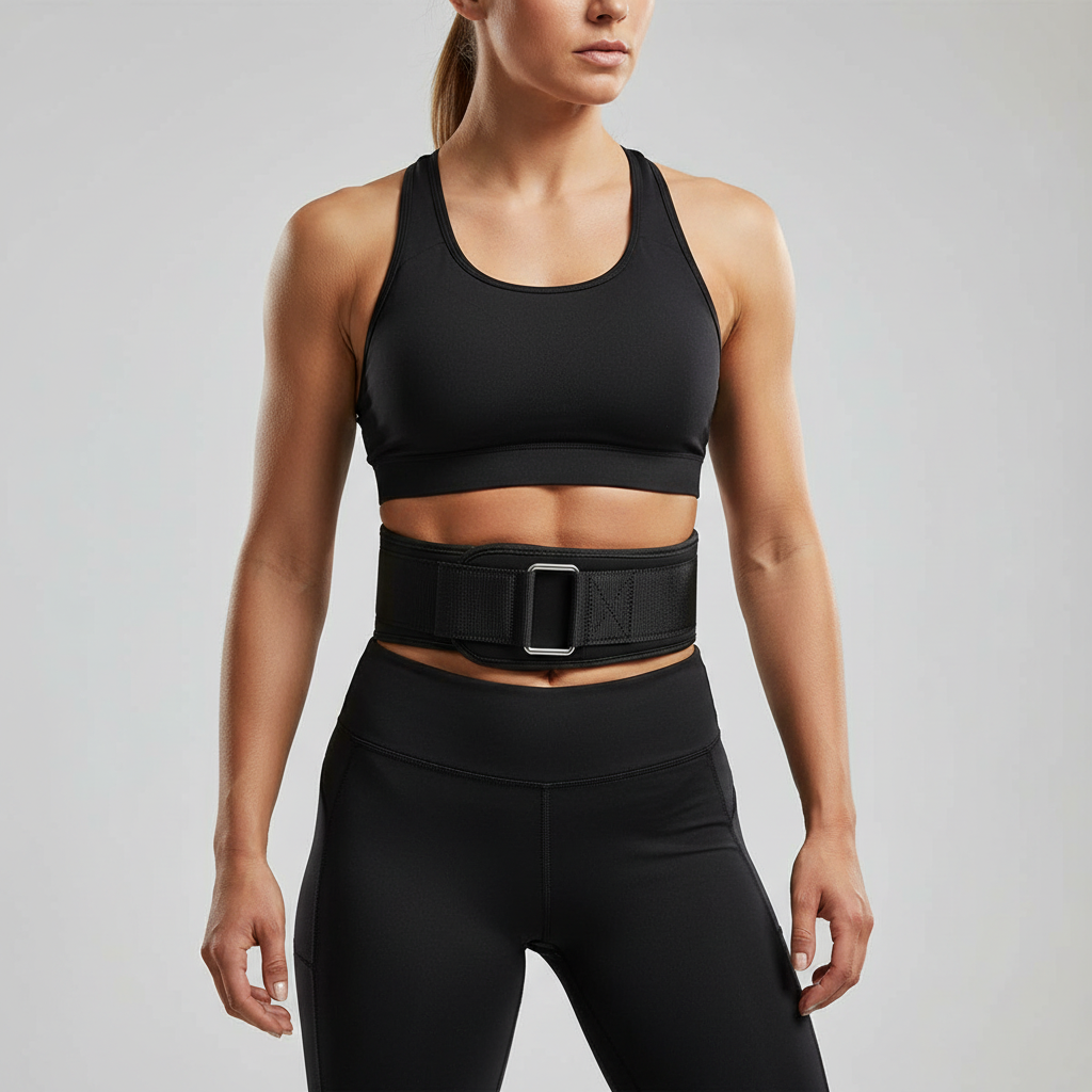 A woman wearing a black sports bra and black leggings, wearing a powerlifting belt for women with a silver buckle, against a light gray studio background.