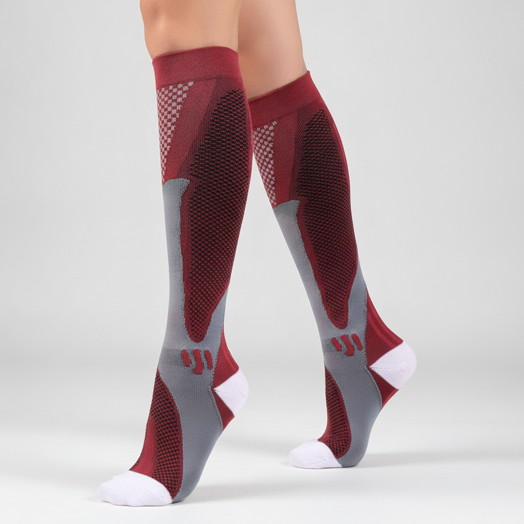 A pair of premium nylon compression socks worn on a model's legs, shown against a light gray studio background. 