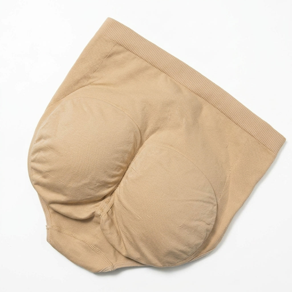 Beige push up panties with molded cup inserts, shown flat on a white background.