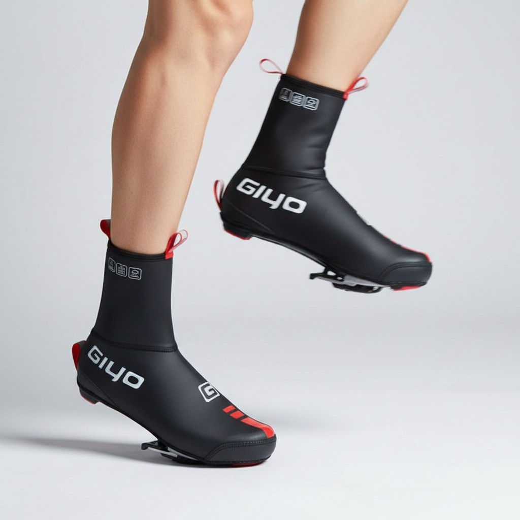A person wearing reflective cycling shoe covers night riding safety with red accents, shown against a clean light gray studio background.