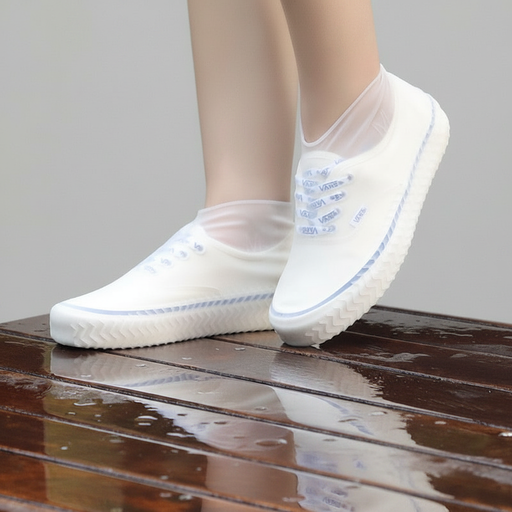 reusable shoe covers shown on a model's feet standing on a wet wooden surface.