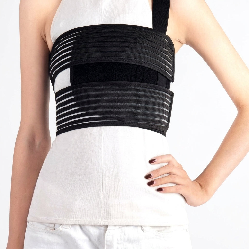 A black rib brace fractured ribs worn by a model in a white tank top and white pants against a white background.