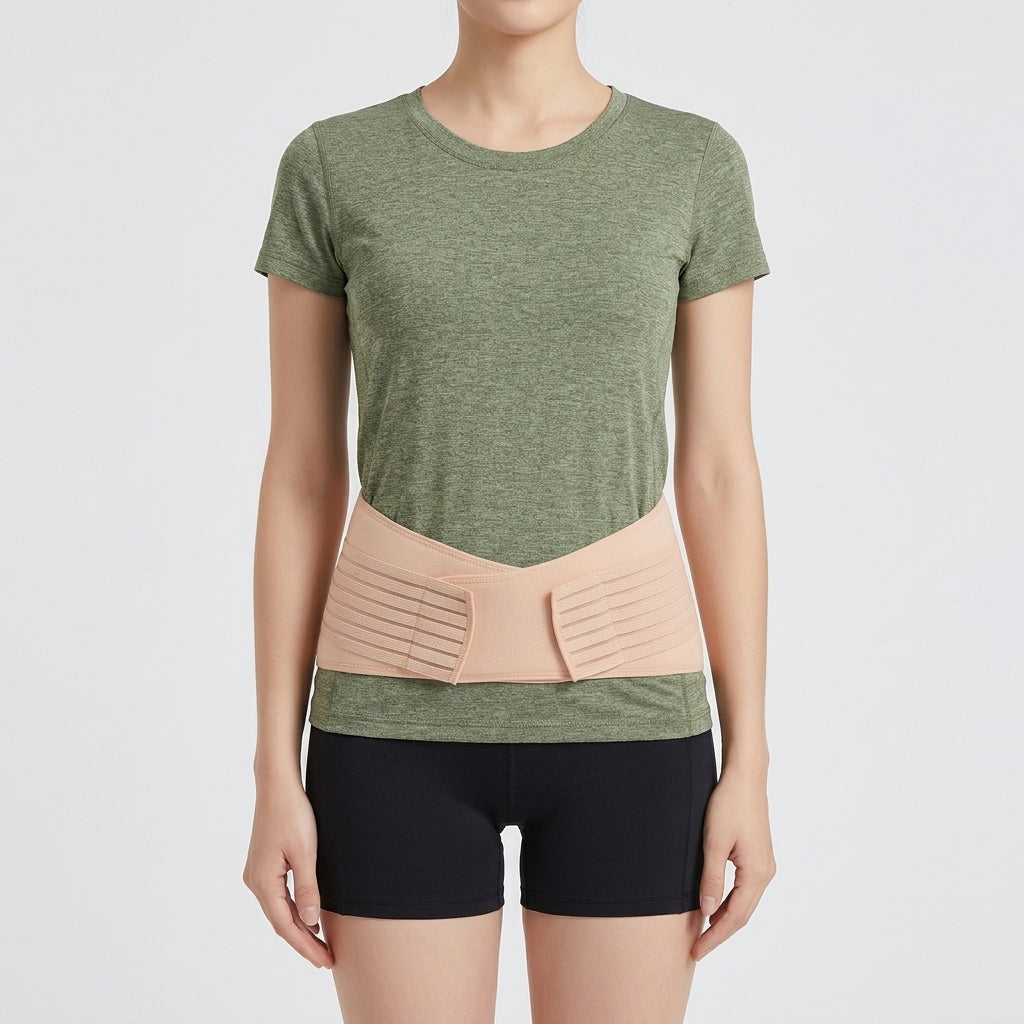 A woman wearing a sacroiliac support belt, against a light gray studio background.