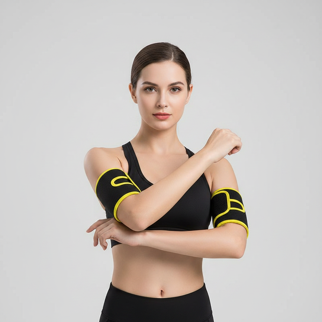 A woman a sauna arm sleeve with bright yellow trim, posed against a light gray studio background.