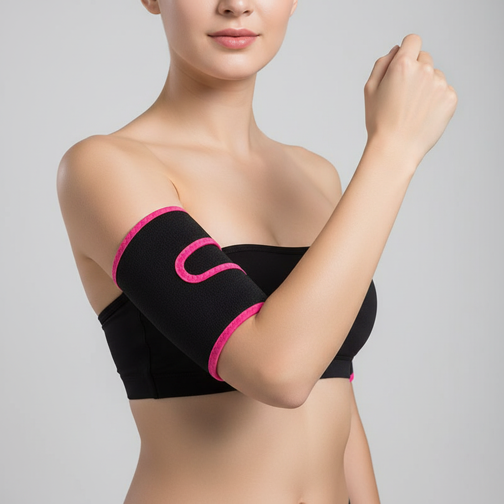 A woman wearing a sauna sweat arm trimmer weight loss with bright pink trim and a pink logo, shown against a light gray studio background.