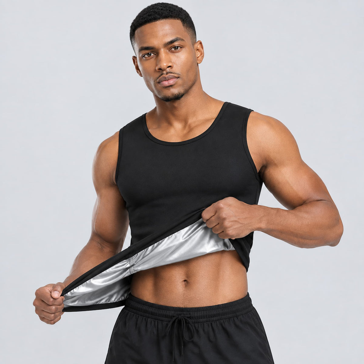 A muscular man wearing a sauna vest for men and women, lifting the hem of the tank top to reveal a shiny silver interior lining, against a light gray studio background.