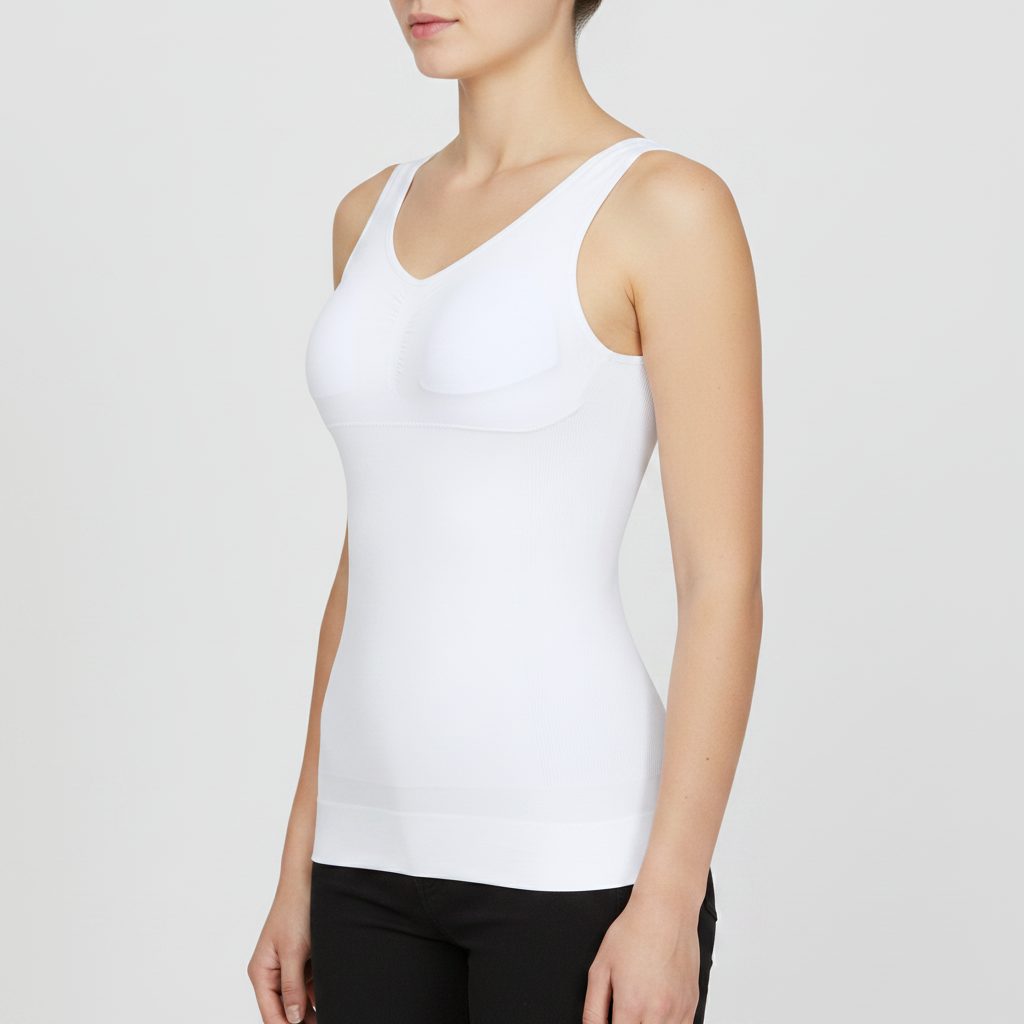 A woman wearing a shapewear camisole for casual occasions and fancy nights out, paired with black pants, shown from the side against a light gray studio background.