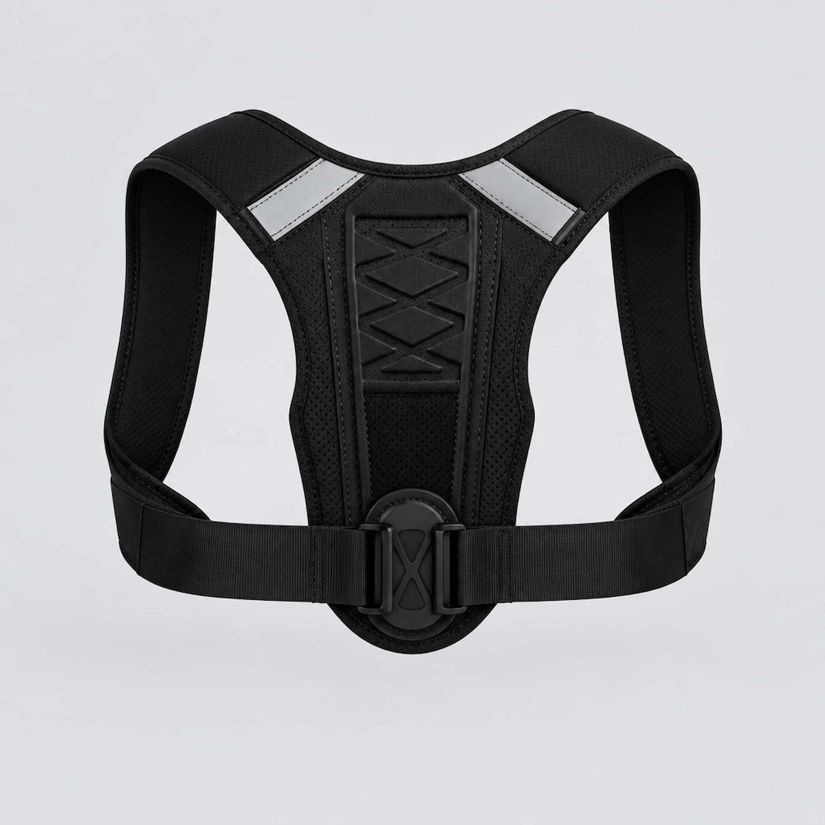 A shoulder posture brace with reflective silver strips on the upper back, shown against a light gray background.