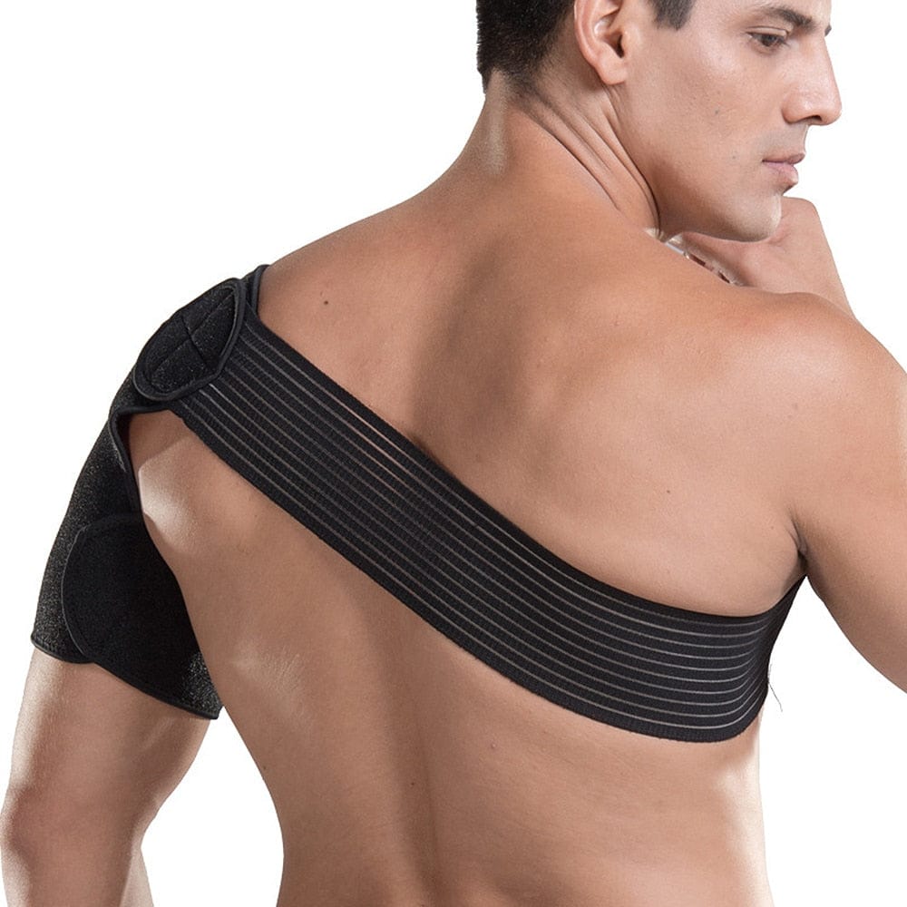 Rear view illustrating the posture-correcting alignment of the shoulder stabilization brace.