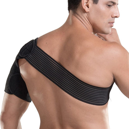 Rear view illustrating the posture-correcting alignment of the shoulder stabilization brace.