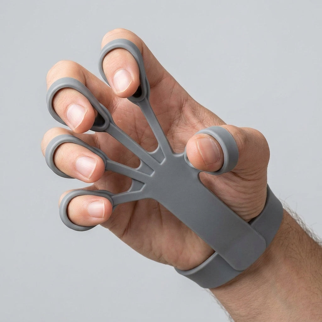 A gray silicone finger exerciser worn on a person's hand, shown against a plain light gray background.