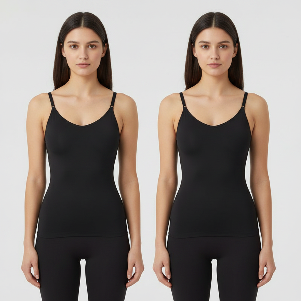 Two side-by-side views of a woman modeling a black sleeveless camisole-style tank top with thin shoulder straps and a scoop neckline, paired with black leggings, against a light gray studio background.