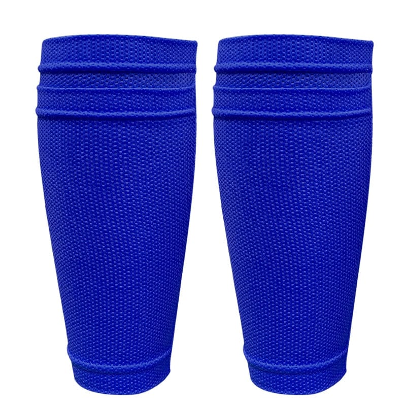 Side view of a blue soccer shin sleeve detailing the reinforced ankle cushioning weave.