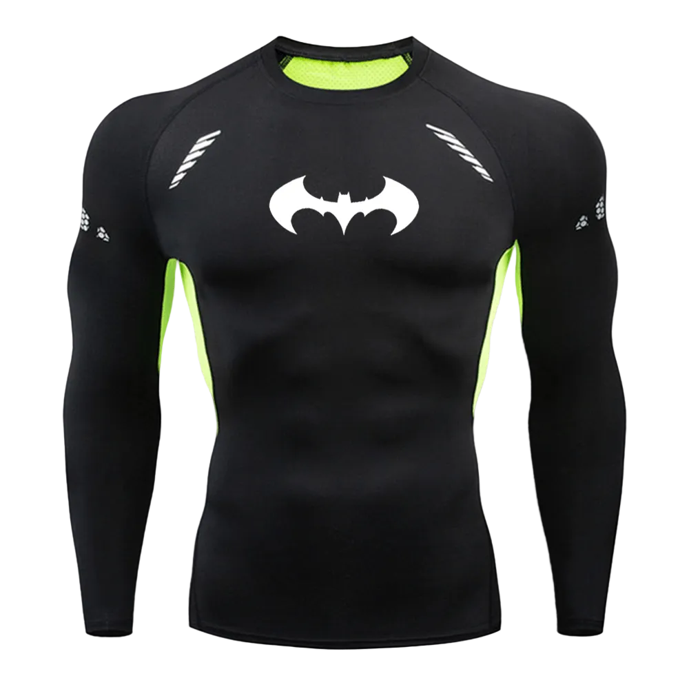 Men's high-performance superhero compression top in black with a classic white Batman logo.