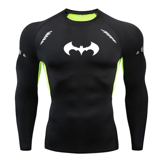 Men's high-performance superhero compression top in black with a classic white Batman logo.