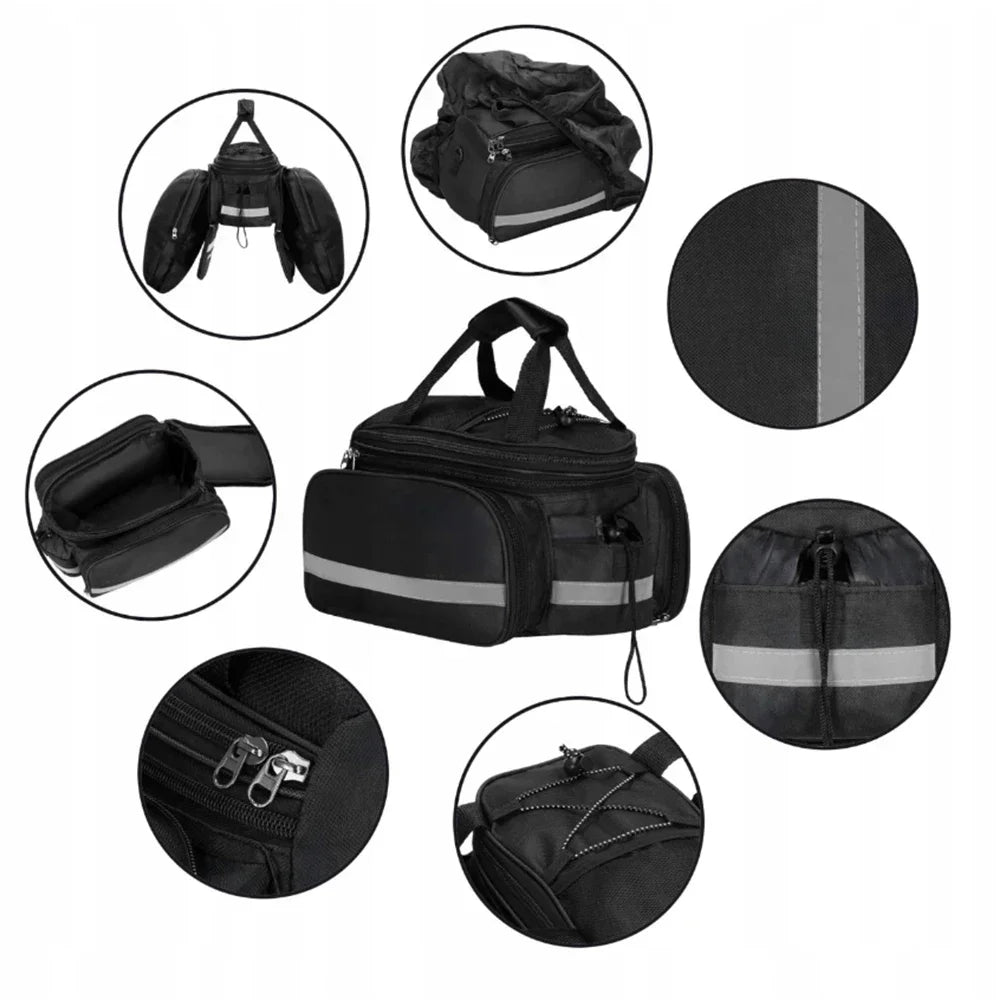 Black tail seat carrier bag with reflective gray stripes and a visible SPRINGOS logo, shown on a white background with six circular detail callouts highlighting features such as the folded shape, interior lining, reflective strip, zipper, and side pocket.