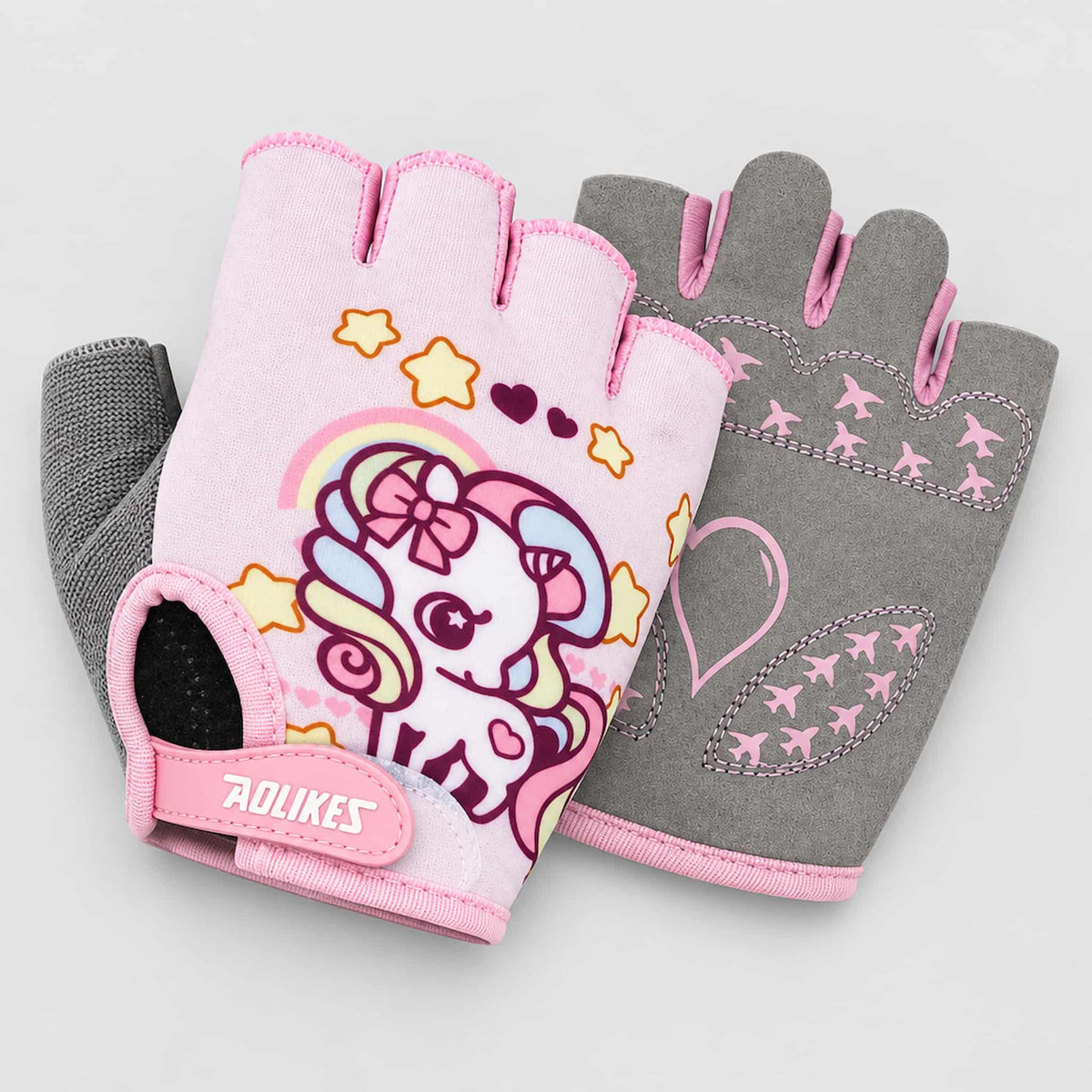 A pair of toddler bike gloves on a light gray background.