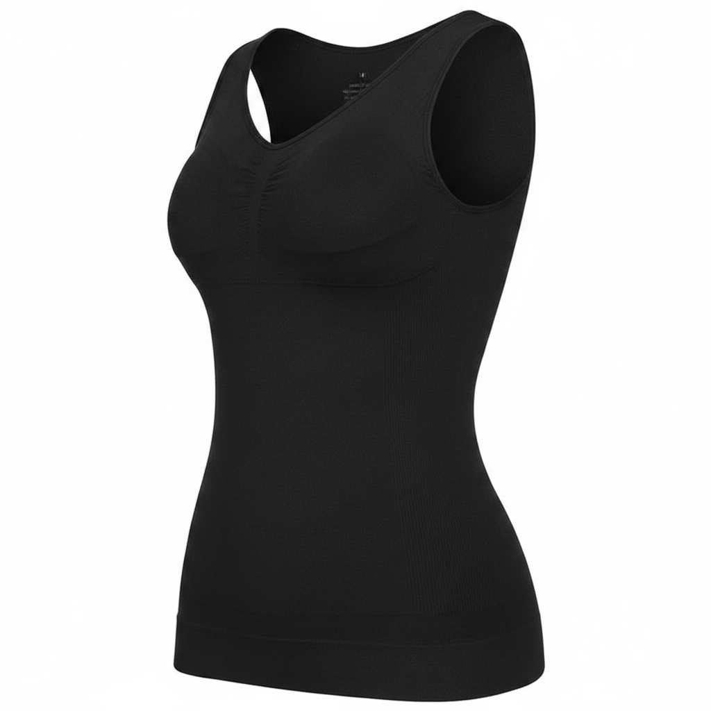 A tummy control camisole with built-in bra no underwire with a scoop neck and molded underbust cup, shown on a plain white background.