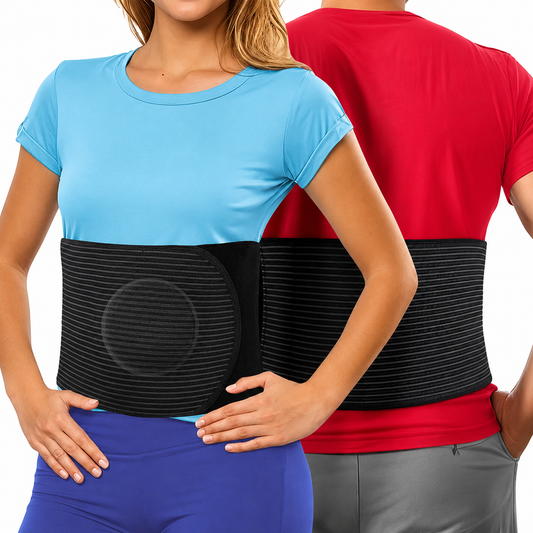 Models wearing an umbilical hernia support belt with adjustable compression.