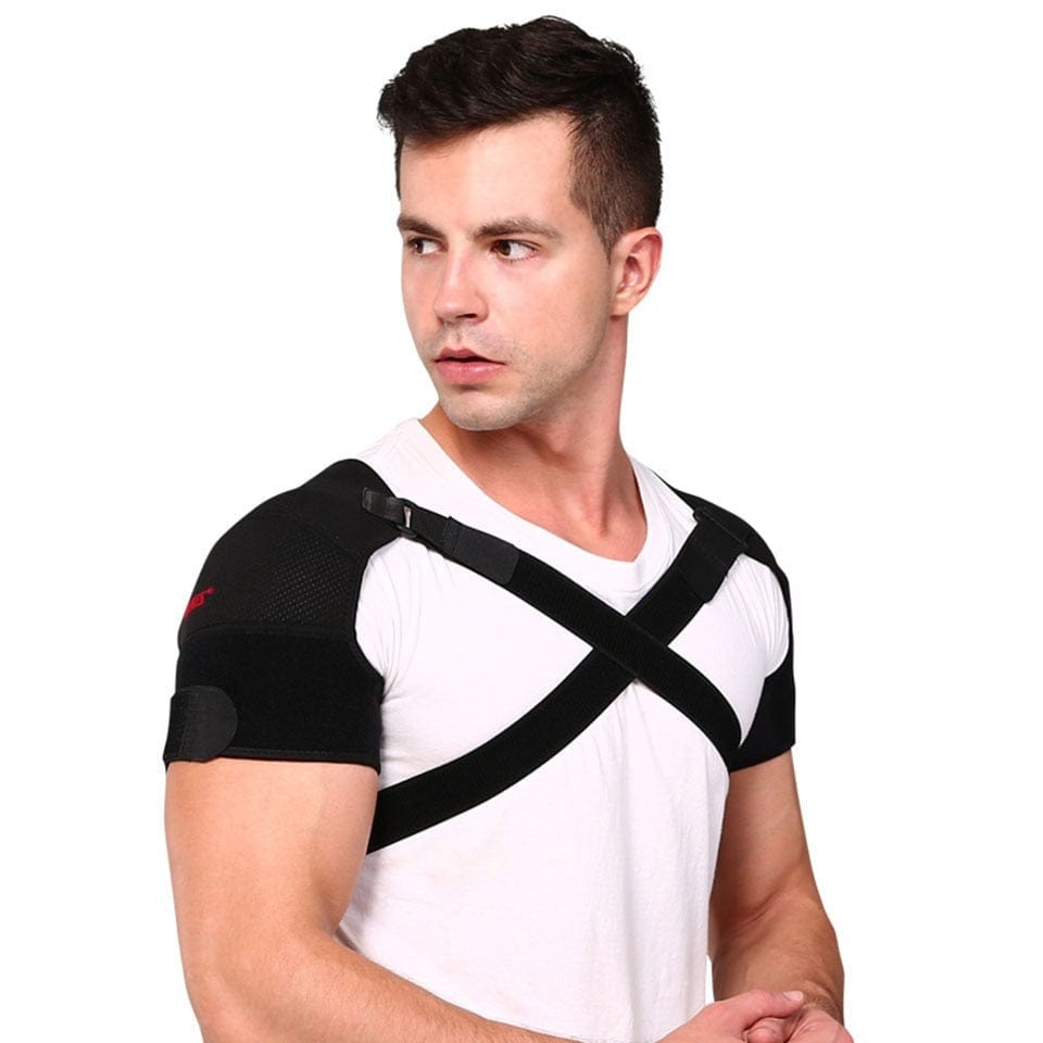 Side angle view showing the contoured compression sleeve fitting snugly around the upper arm and rotator cuff.
